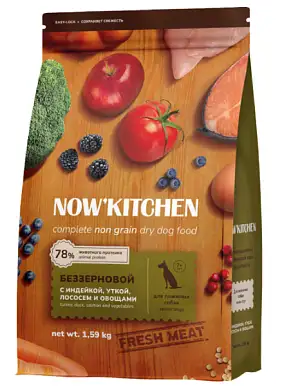 NOW’ Kitchen Grain Free сухой беззерновой корм для пожилых собак всех пород с индейкой, уткой, лососем и овощами