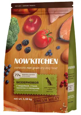 NOW’ Kitchen Grain Free сухой беззерновой корм для взрослых собак всех пород с индейкой, уткой, лососем и овощами (срок до 17.04.2026)