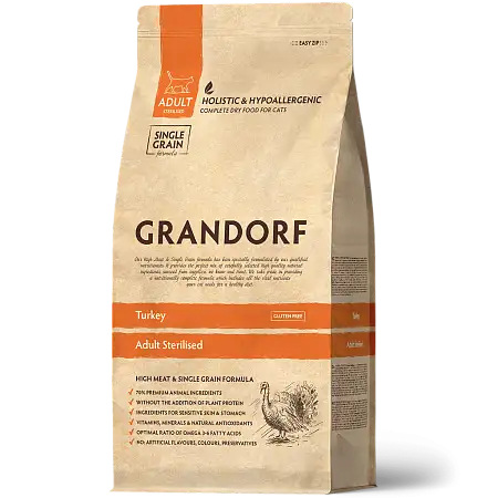 Купить grandorf сухой низкозерновой корм для стерилизованных кошек с индейкой 