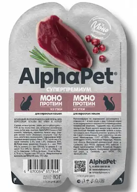 AlphaPet Superpremium Monoprotein влажный корм для взрослых кошек мясные кусочки из Утки в соусе, в ламистерах